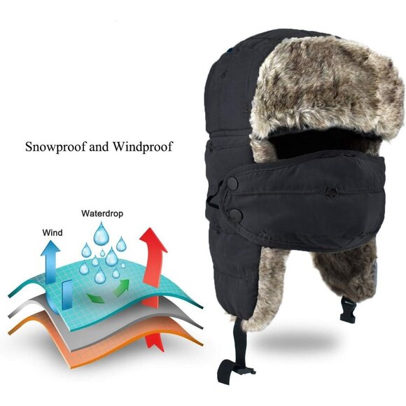 Men\'s Dark Black Trapper Hat, Winter Warm Trooper Hats with Ear Flaps and Mask main image 4